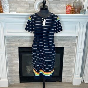 Tommy Hilfiger Prism Stripe Lace-up Dark Blue Short Sleeve Dress Size LARGE